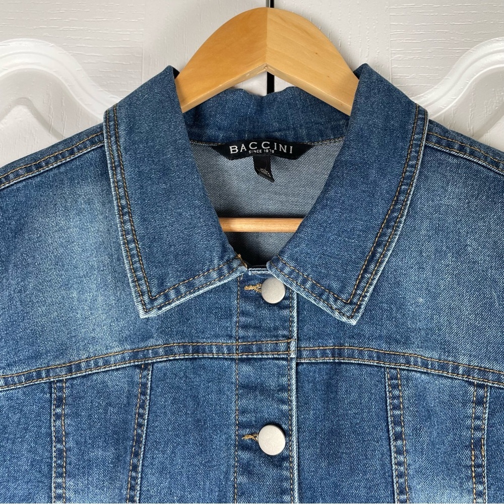 Baccini Denim Vest Womens XL Blue Crochet Lace Trim Button Down Cotton Boho Chic - Picture 2 of 10
